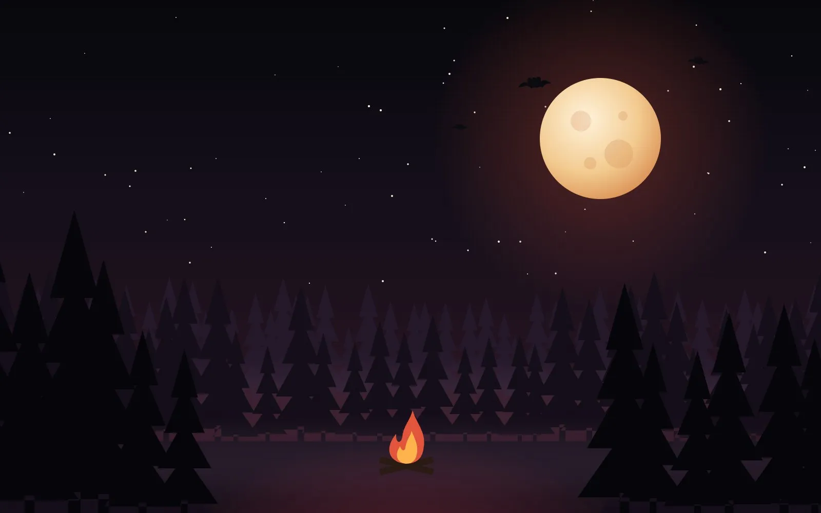 A bonfire in a moonlit pine forest under a blood-orange moon