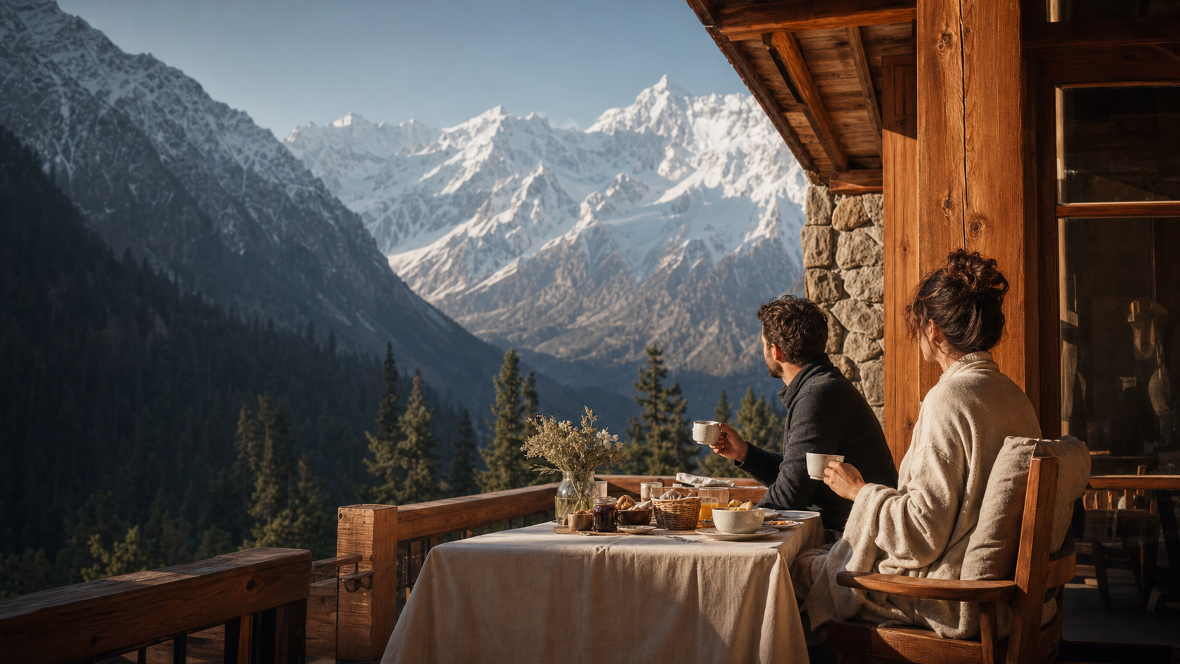 A couple sharing breakfast on a private mountain lodge terrace overlooking Pakistan’s northern peaks